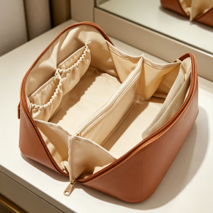 PU Leather Travel Makeup Bag Clear Brush Compartment