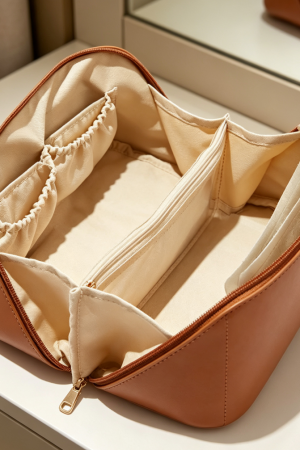 PU Leather Travel Makeup Bag Clear Brush Compartment